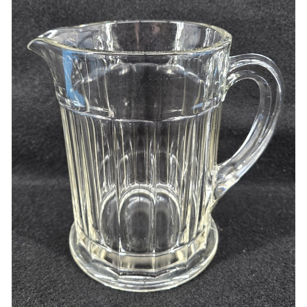 Vtg Glass Ribbed Pitcher w/ Handle Heavy Water Beer Barware‎ Cocktails MCM Gift